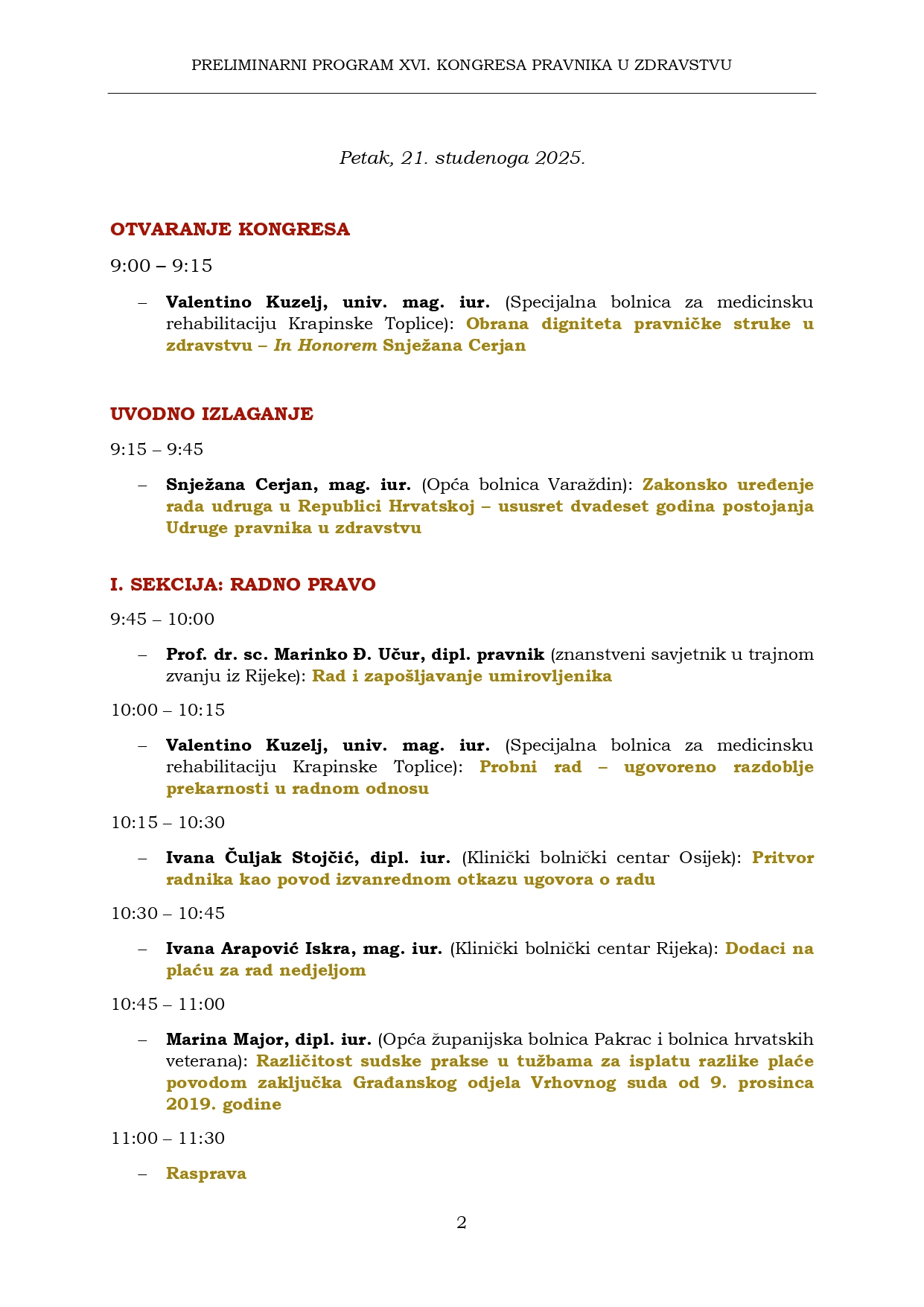 KONAČNI PROGRAM XVI. KONGRESA PRAVNIKA U ZDRAVSTVU 2