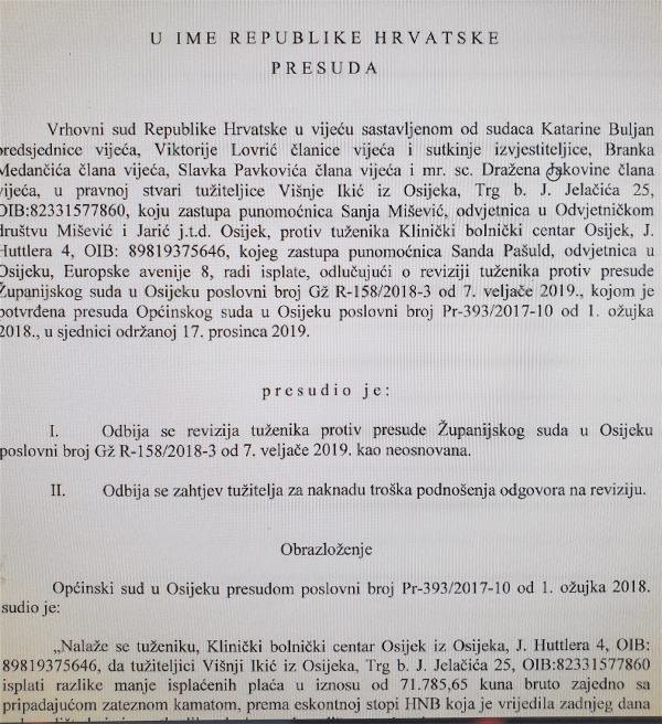Presuda VSRH - Odbijaju se Revizije u korist zdravstvenih radnika