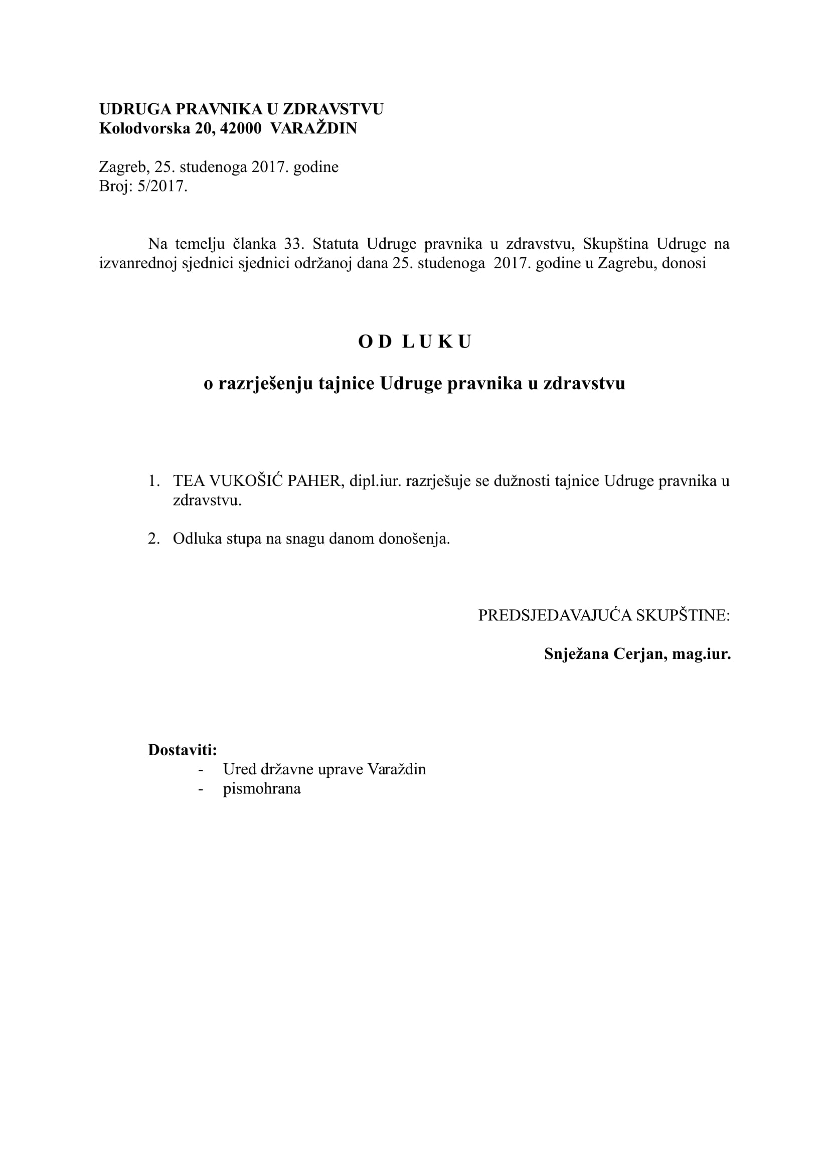 2017 Odluka o razrješenju tajnika 1