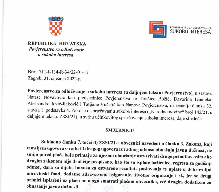 Smjernica o zabrani primitka dodatne naknade iz članka 7. točke d) Zakona o sprječavanju sukoba interesa (NN 143/21) temeljem ugovora o radu ili drugog ugovora iz radnog odnosa