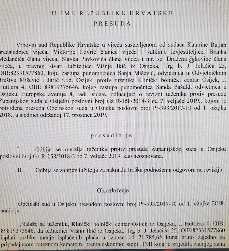Presuda VSRH - Odbijaju se Revizije u korist zdravstvenih radnika